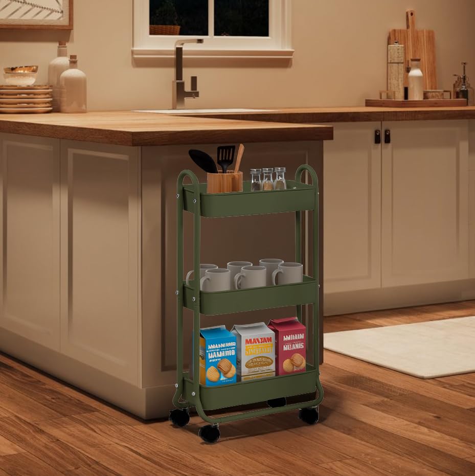 SunnyPoint Slim Rolling Cart with wheels emphasizes easy mobility in tight spaces.