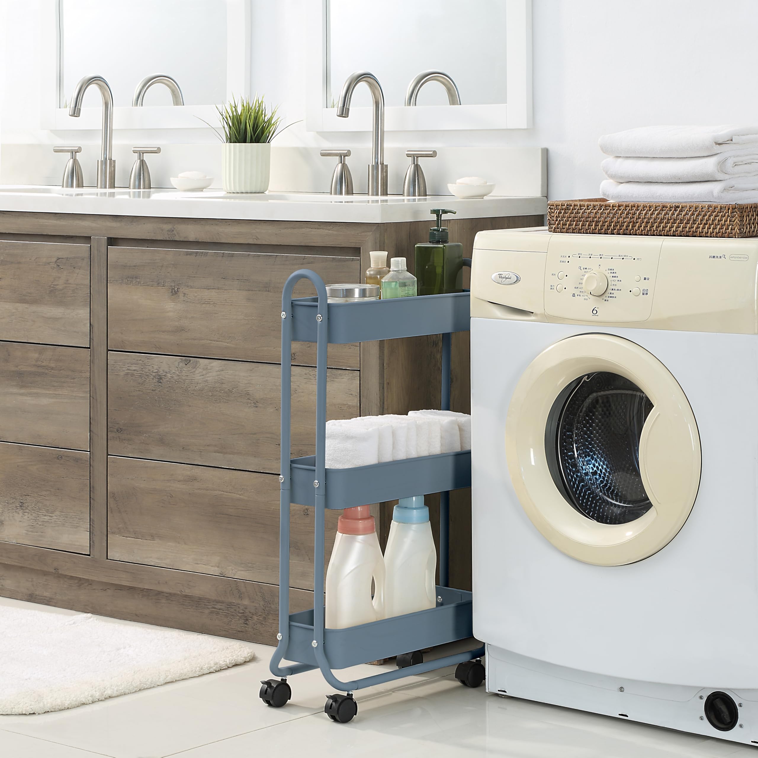 SunnyPoint slim rolling cart blue bathroom organization showcases easy-access shelves for toiletries and towels.
