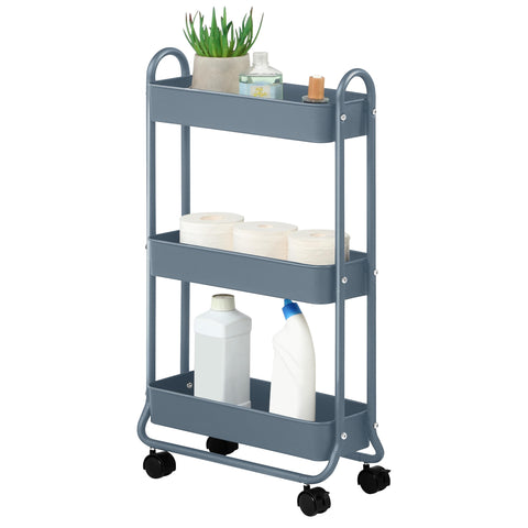 SunnyPoint slim rolling cart blue front view offers space-saving storage for tight bathrooms and kitchens.