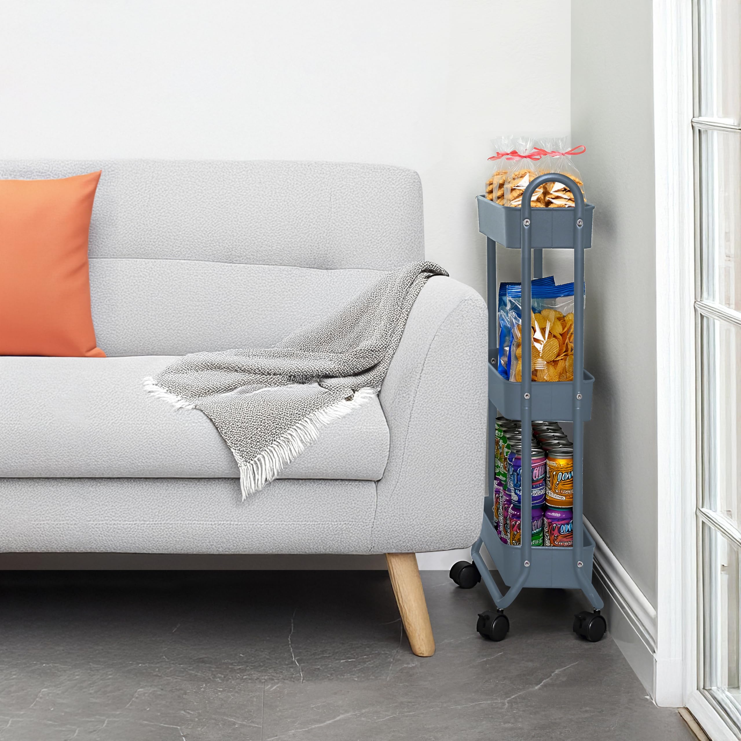 SunnyPoint slim rolling cart blue side view demonstrates versatile mobility around laundry rooms and closets.