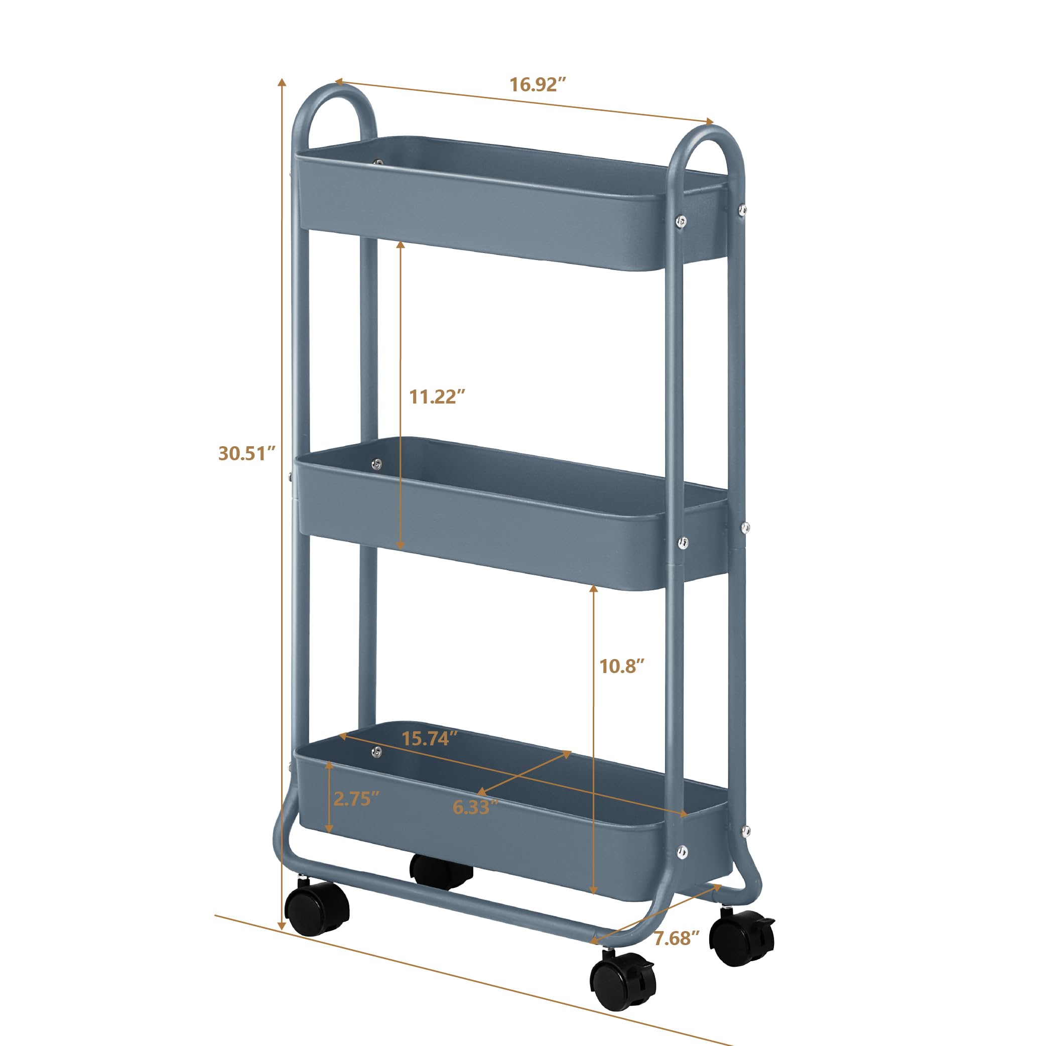 SunnyPoint slim rolling cart blue wheels emphasize durability and easy repositioning in narrow spaces.