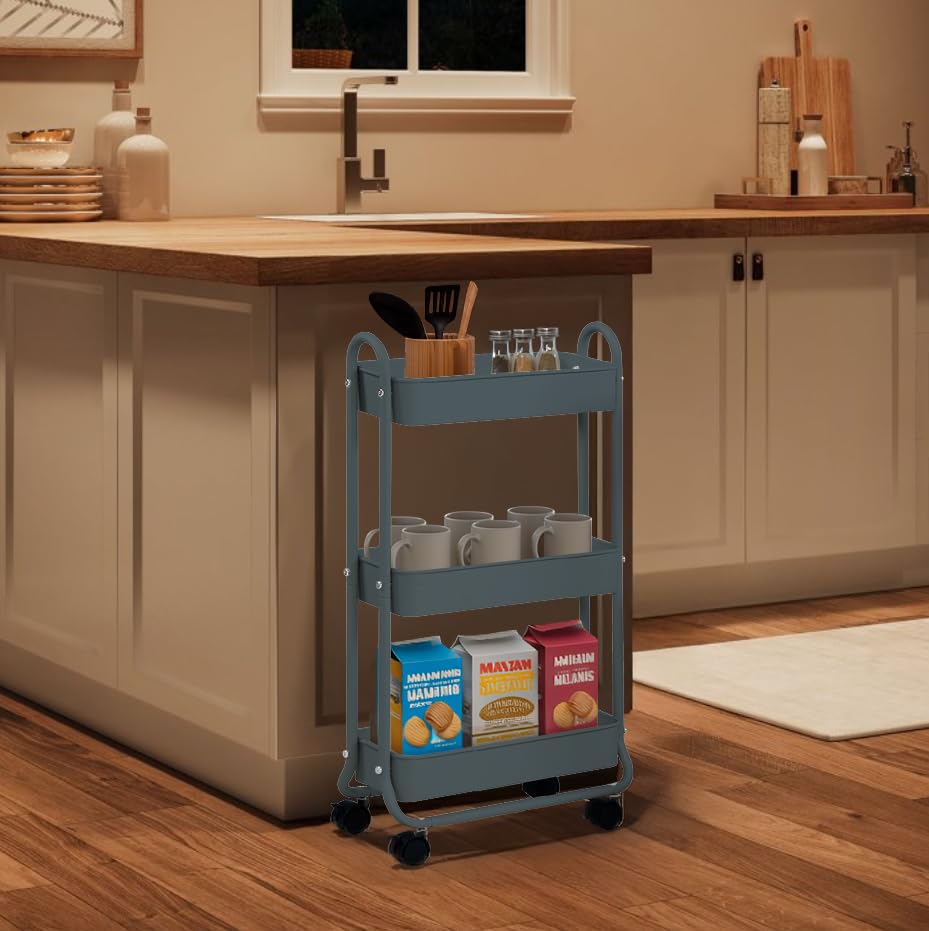 SunnyPoint slim rolling cart blue laundry storage helps separate supplies with smooth, quiet wheels.