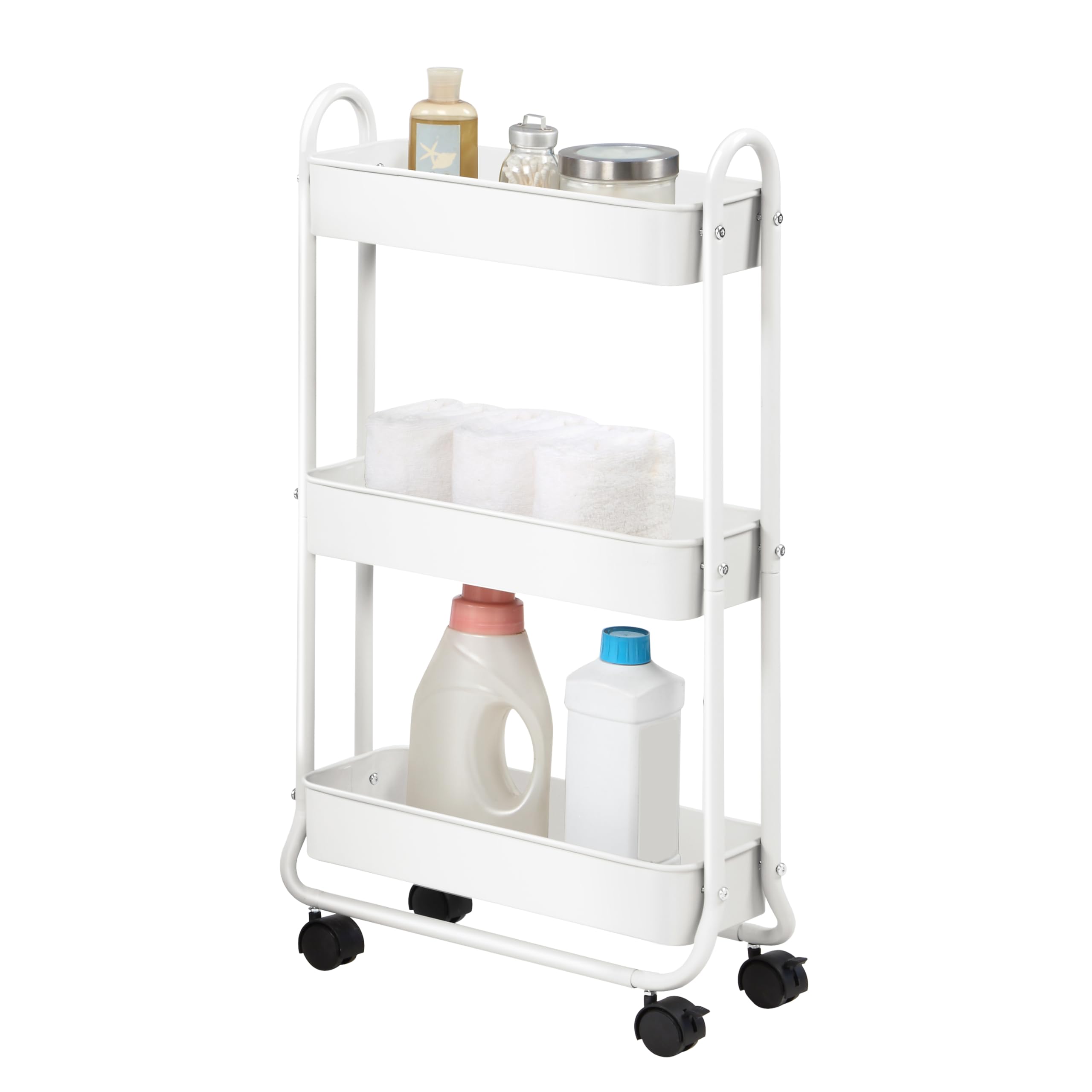 SunnyPoint Slim Rolling Storage Cart in bathroom with compact 3-tier shelves for toiletries.