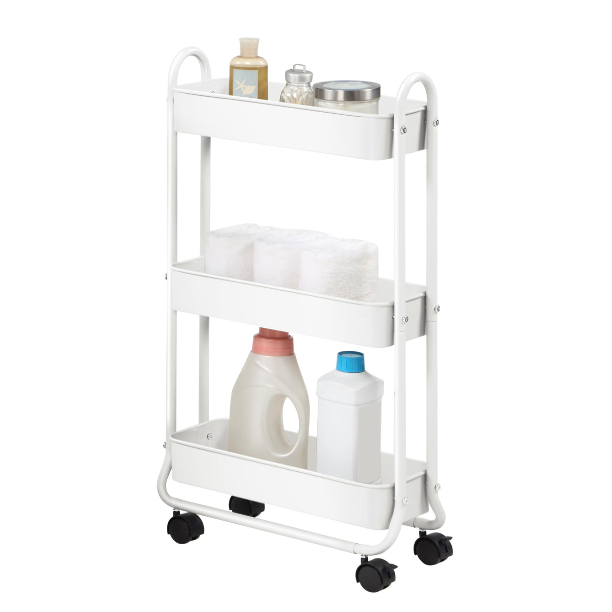 SunnyPoint Slim Rolling Storage Cart in bathroom with compact 3-tier shelves for toiletries.