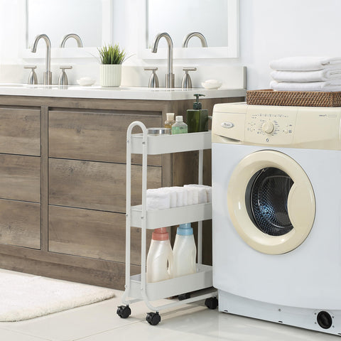 SunnyPoint white 3-tier cart on casters ideal for laundry room organization.
