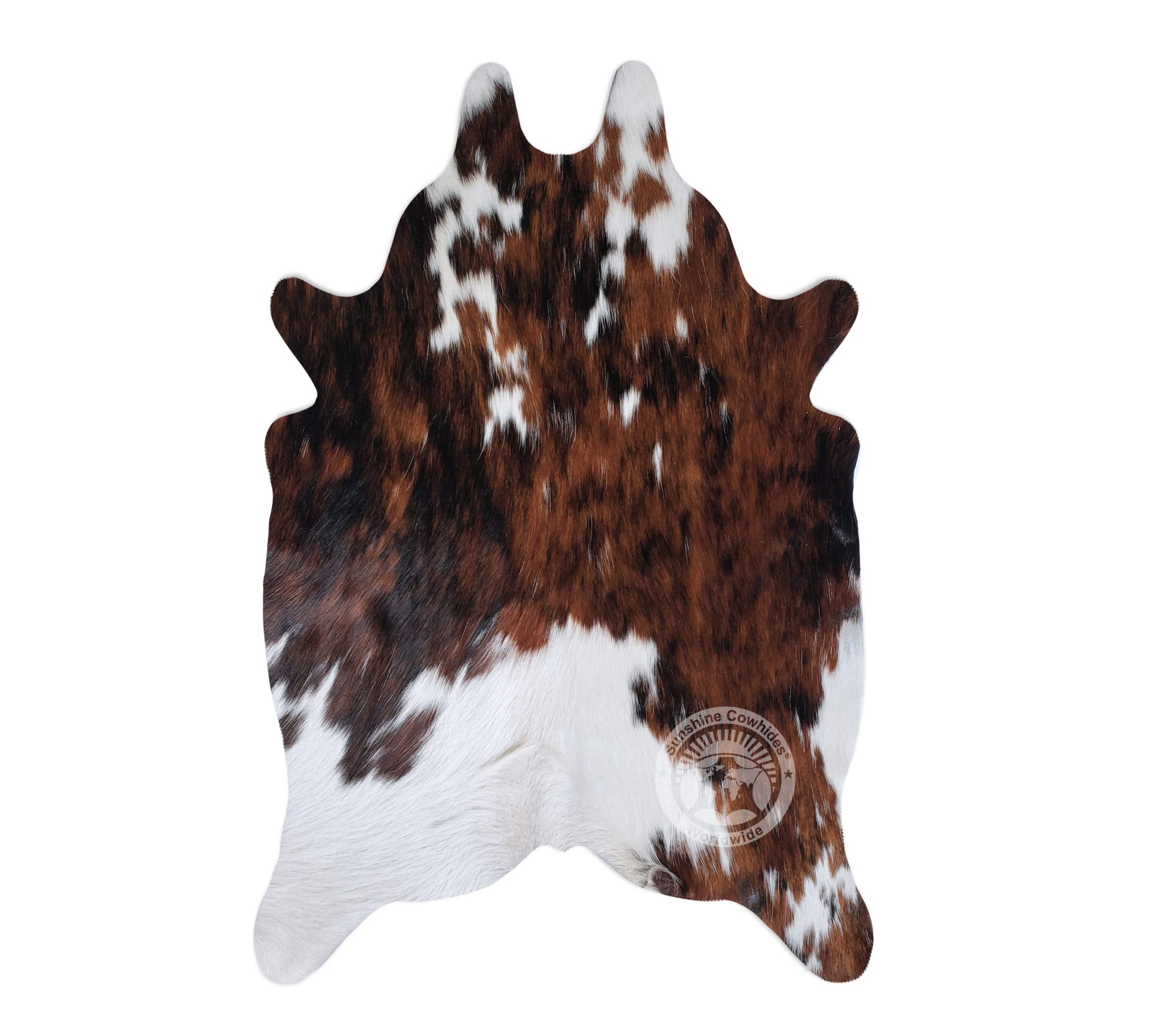 Sunshine Cowhides tricolor mini rug texture closeup highlights natural material and premium feel.