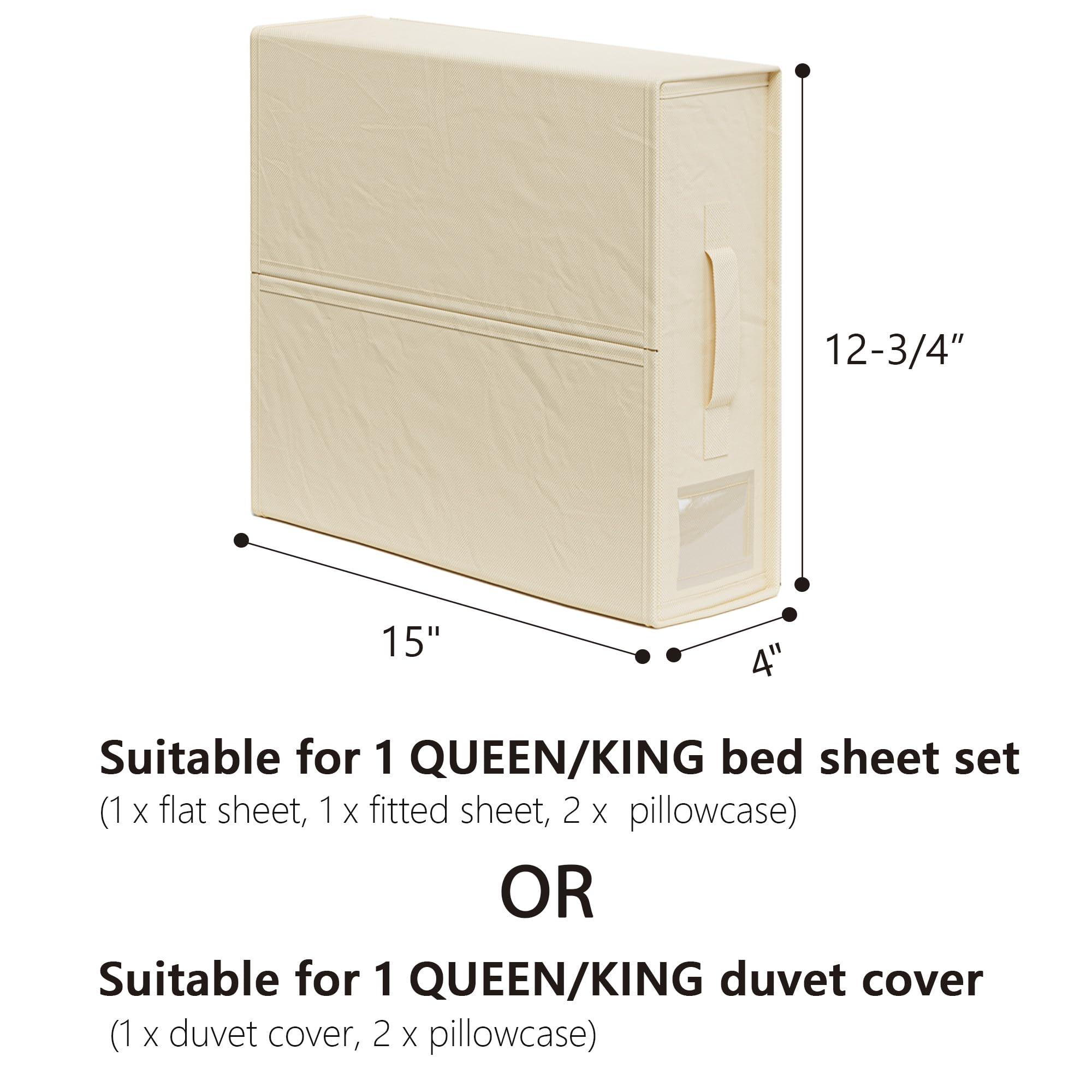 SUOCO compact dimensions fit most closets for sheet set or duvet cover storage.