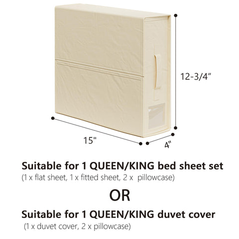 SUOCO compact dimensions fit most closets for sheet set or duvet cover storage.