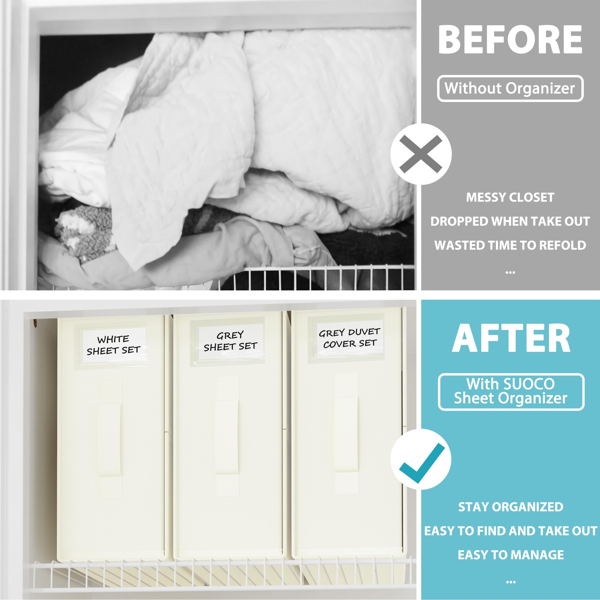 SUOCO foldable linen closet box supports compact storage and organized shelf space.