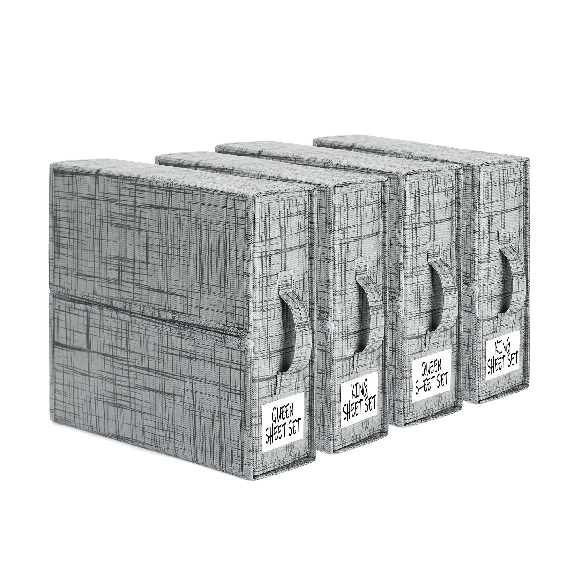 SUOCO SheetCube 4-pack in closet keeps linens neatly organized with pattern grey.