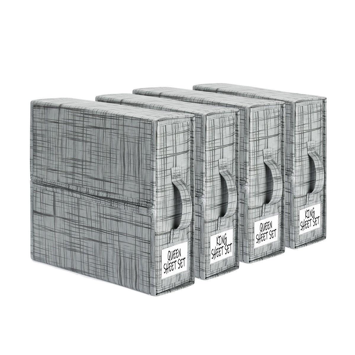 SUOCO SheetCube 4-pack in closet keeps linens neatly organized with pattern grey.