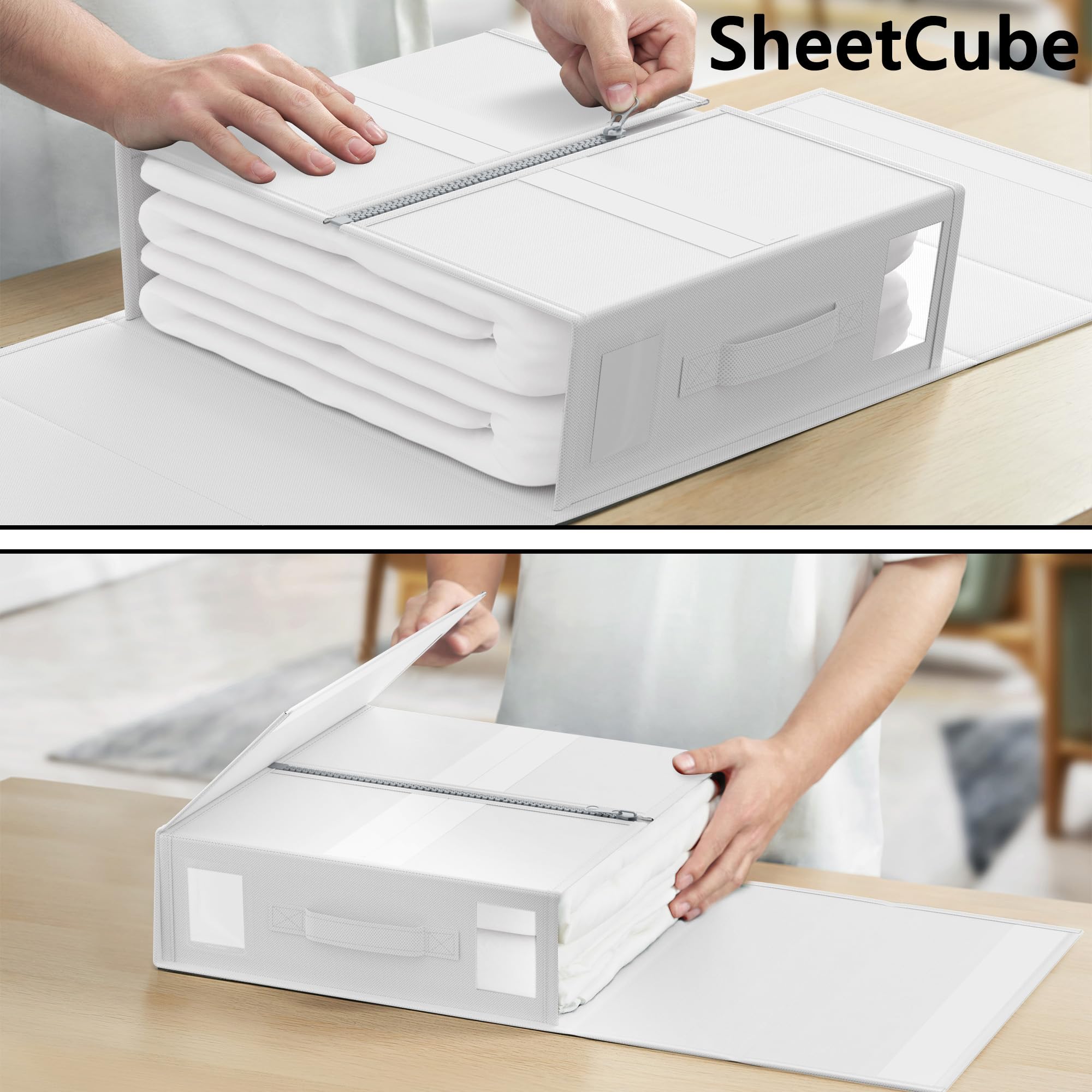 SUOCO SheetCube ideal-sized box fits most shelves and sheet sets.