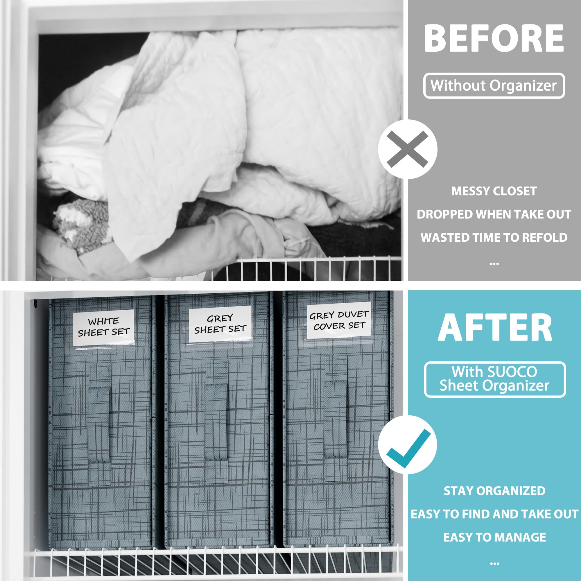 SUOCO SheetCube labeled boxes allow quick access to bed linens.