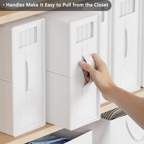 SUOCO SheetCube labeled boxes with handles for easy pulling from the closet.