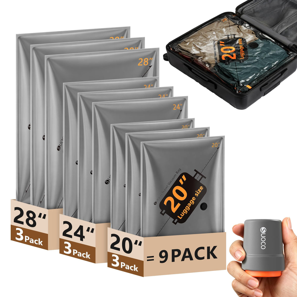 SUOCO travel vacuum bags with cordless pump for fast, cable-free packing