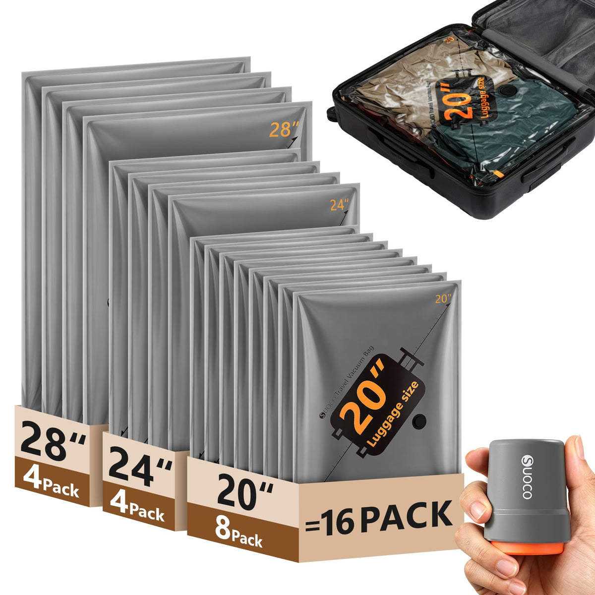 SUOCO travel vacuum bags with cordless pump for space-saving packing on trips.