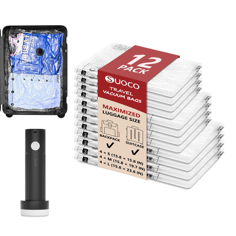 SUOCO travel vacuum bags with pump maximize packing space efficiently.