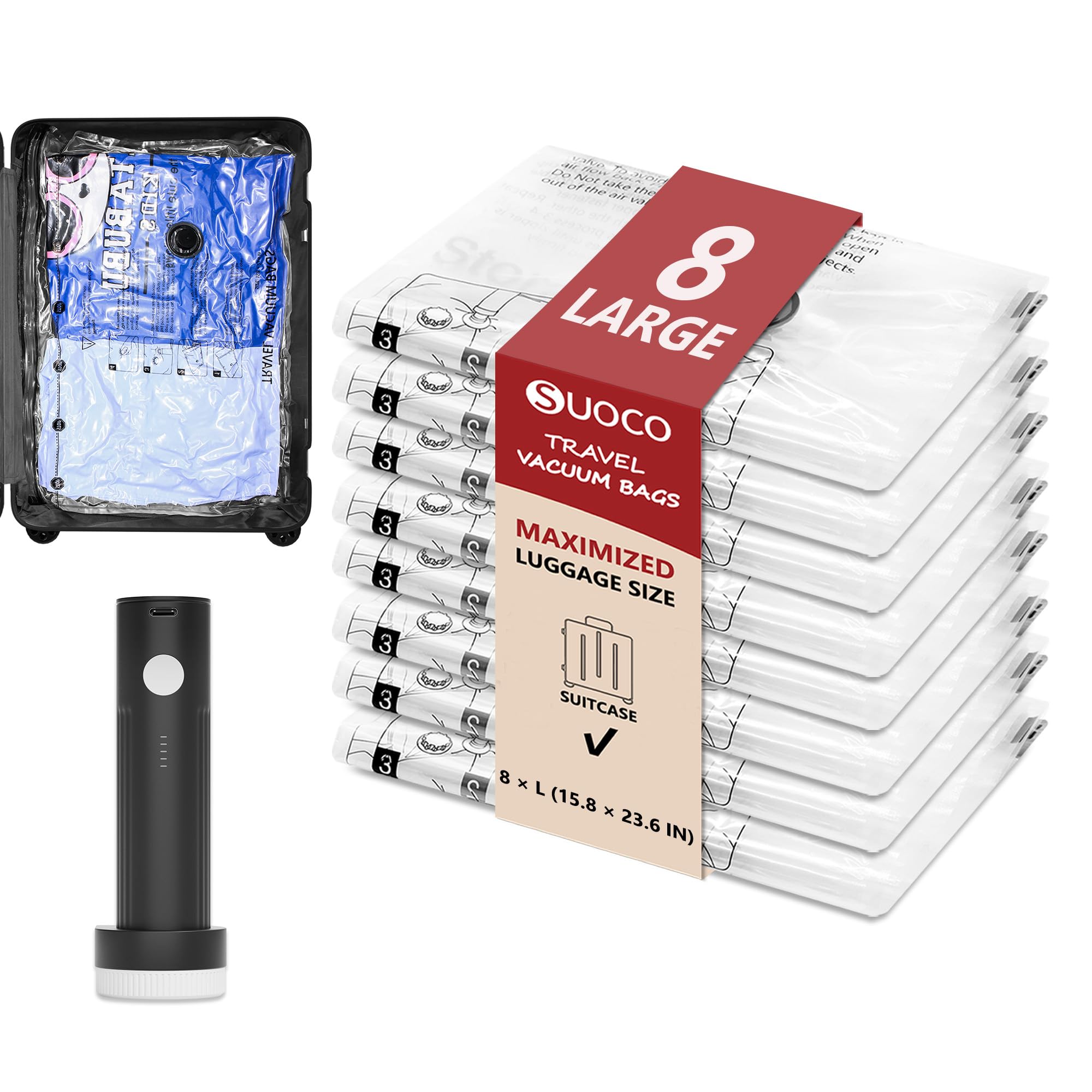 SUOCO travel vacuum bags with pump demonstrate space-saving packing.