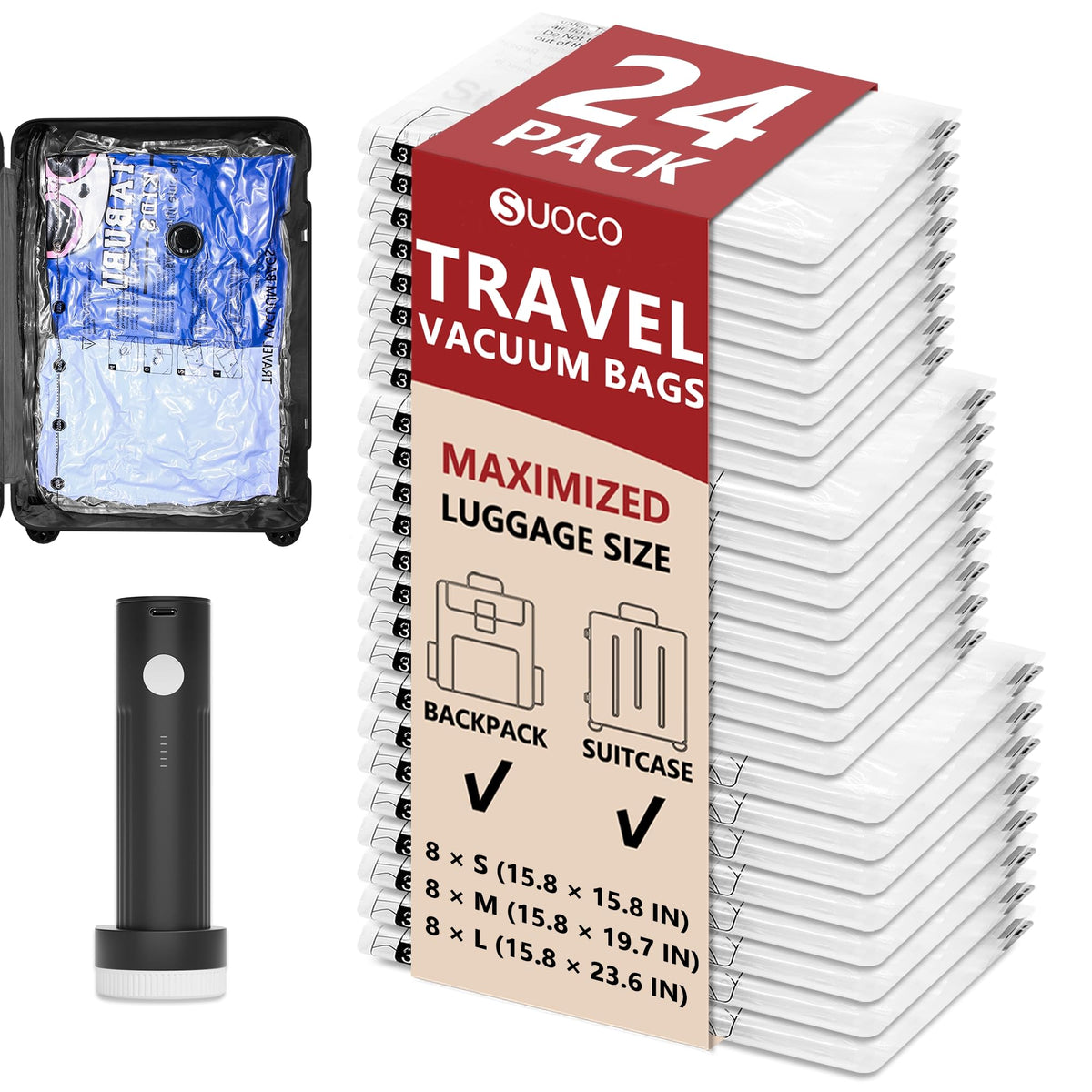 SUOCO travel vacuum bags with pump used for space-saving packing