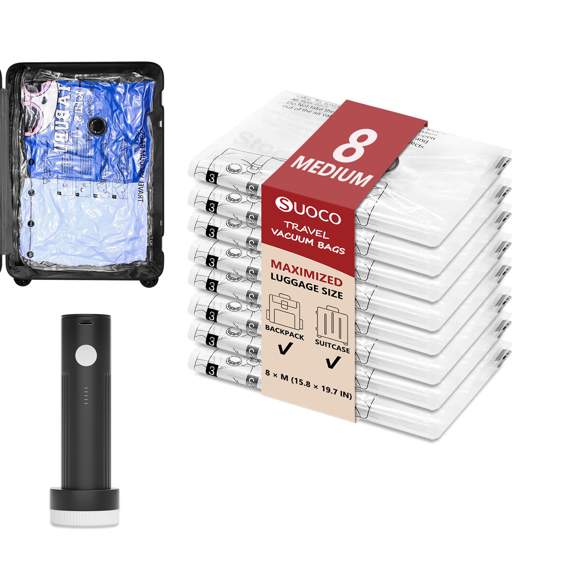 SUOCO travel vacuum bags with rechargeable pump demonstrating compact packing and fast sealing
