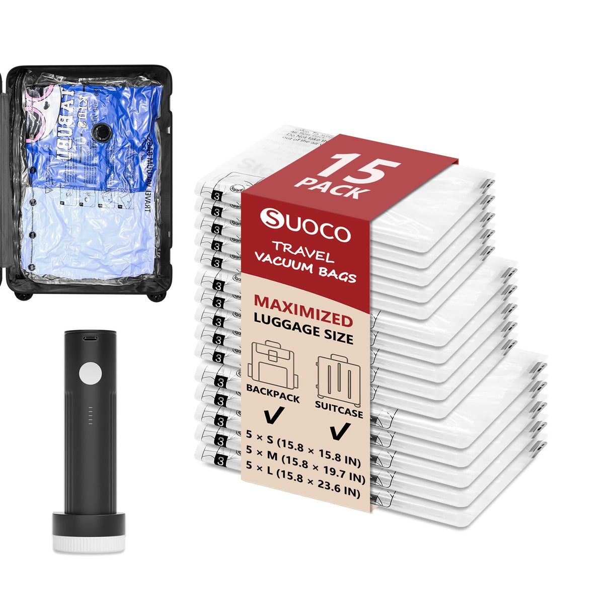 SUOCO travel vacuum bags in small size optimize carry-on packing
