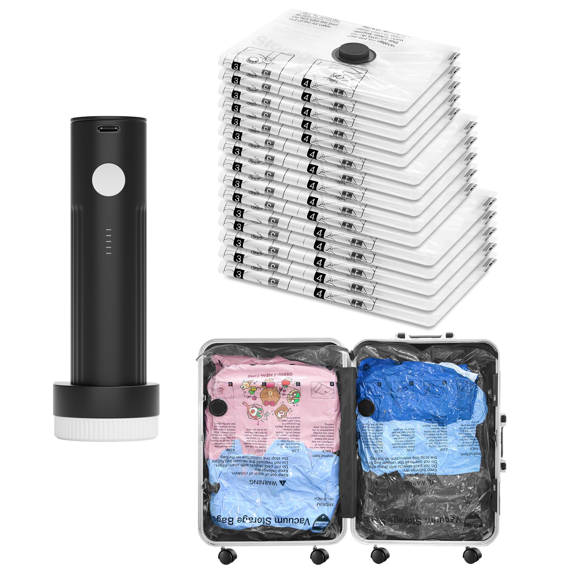 SUOCO vacuum bags in use show space-saving packing for travel.