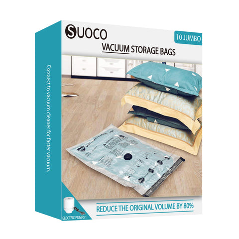 SUOCO vacuum seal bags for clothing and travel with electric pump for fast, compact packing.