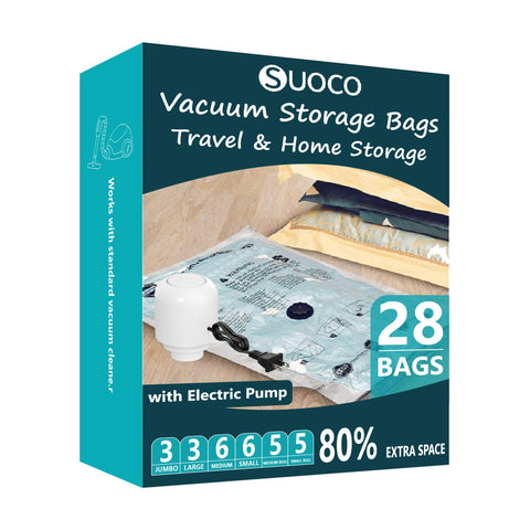 SUOCO vacuum seal bags travel combo showing space-saving design for luggage optimization.