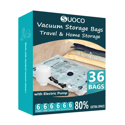 SUOCO vacuum seal bags showing space-saving travel packing with electric pump.