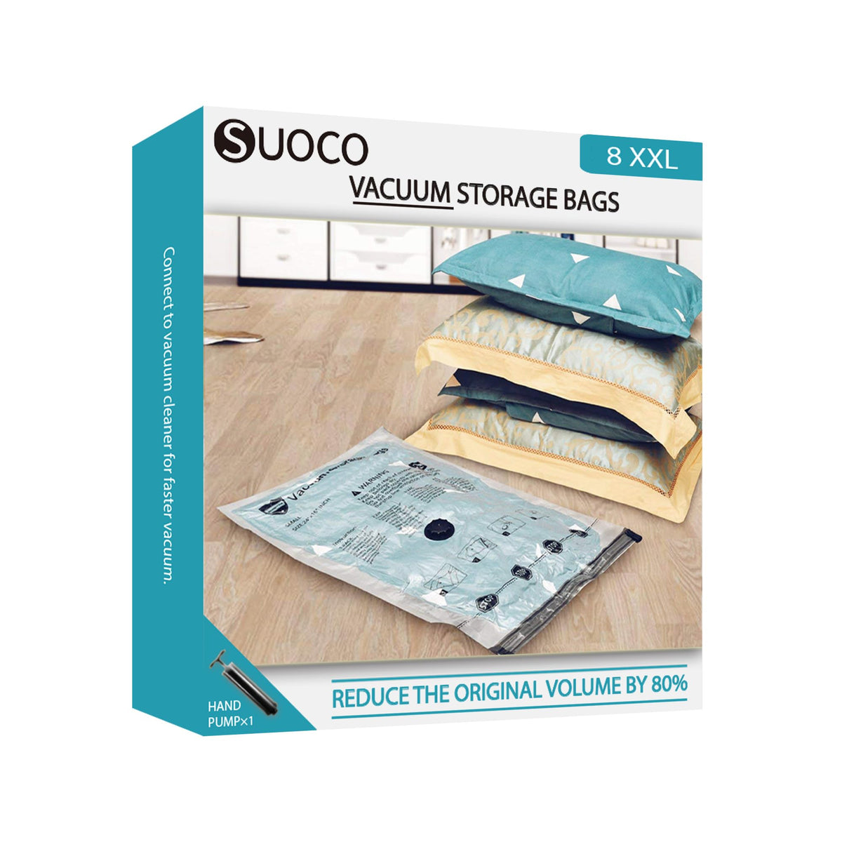 SUOCO 8x-jumbo bag compressing bulky bedding to save space.