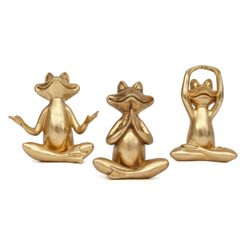 Suoed Gold Frog Figurines set of 3 displayed to create a calming zen vibe in living spaces.