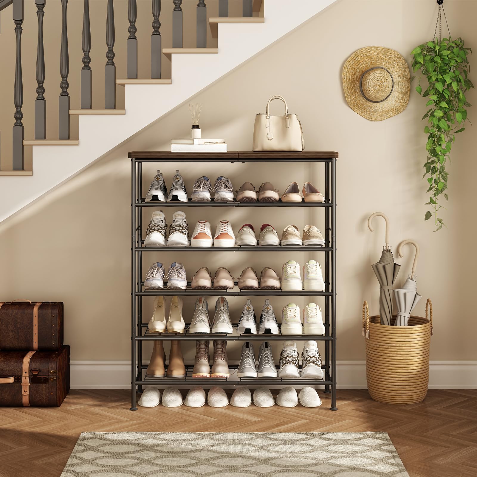 SUOERNUO metal frame and MDF top offer stable footwear storage.