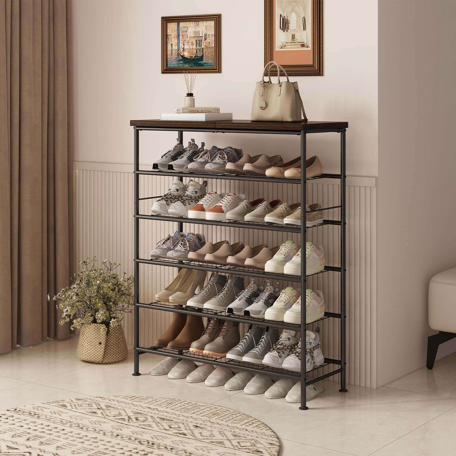 SUOERNUO free-standing entryway shoe shelf saves hallway space.