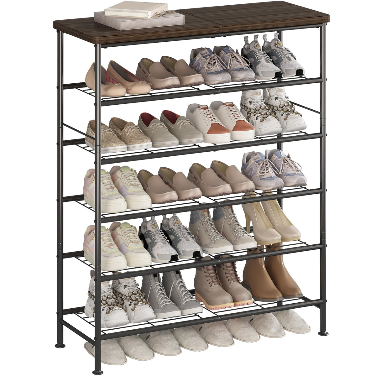 SUOERNUO six-tier shoe rack in black metal for organized closet storage.