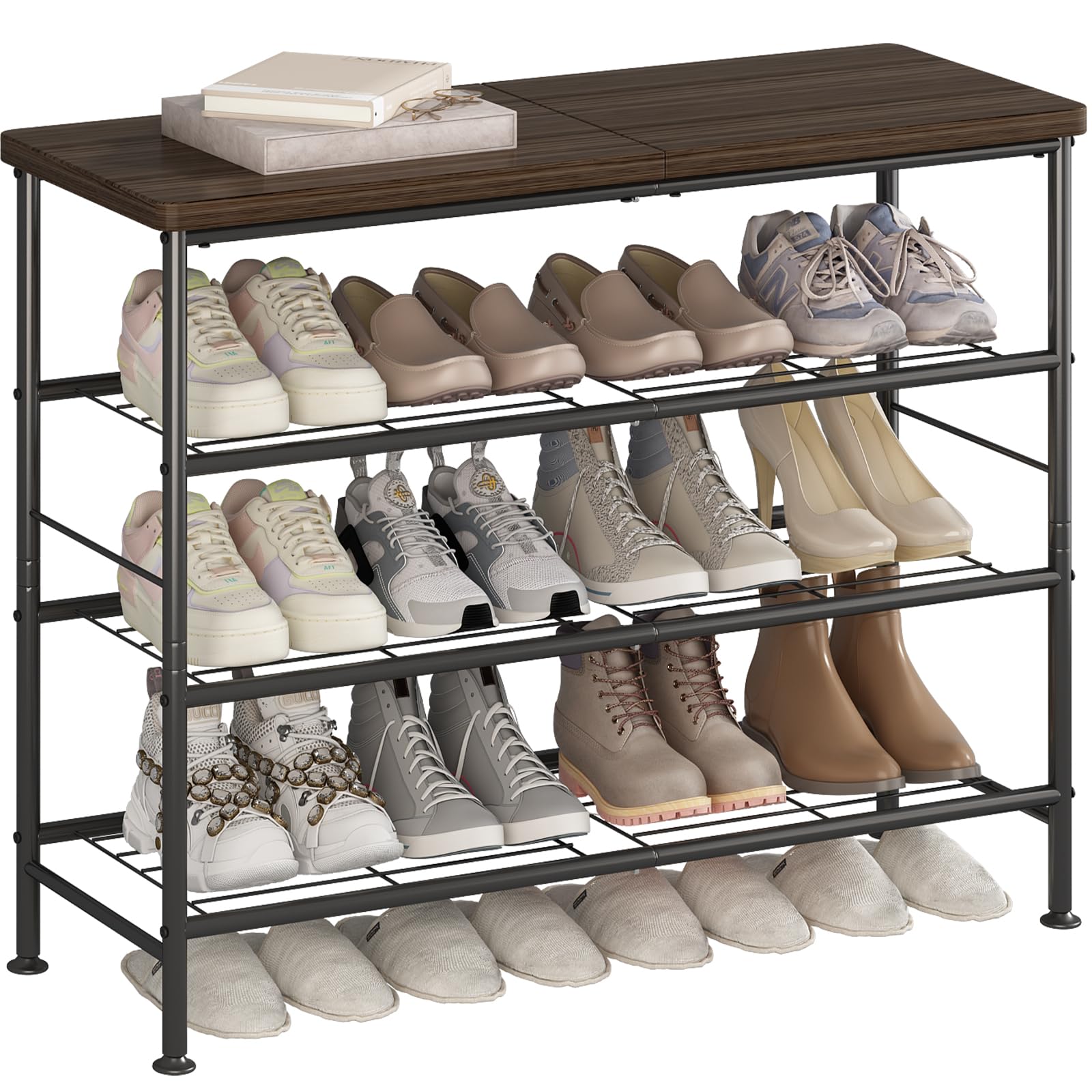 SUOERNUO 4-tier black metal shoe rack keeps footwear organized at a glance.