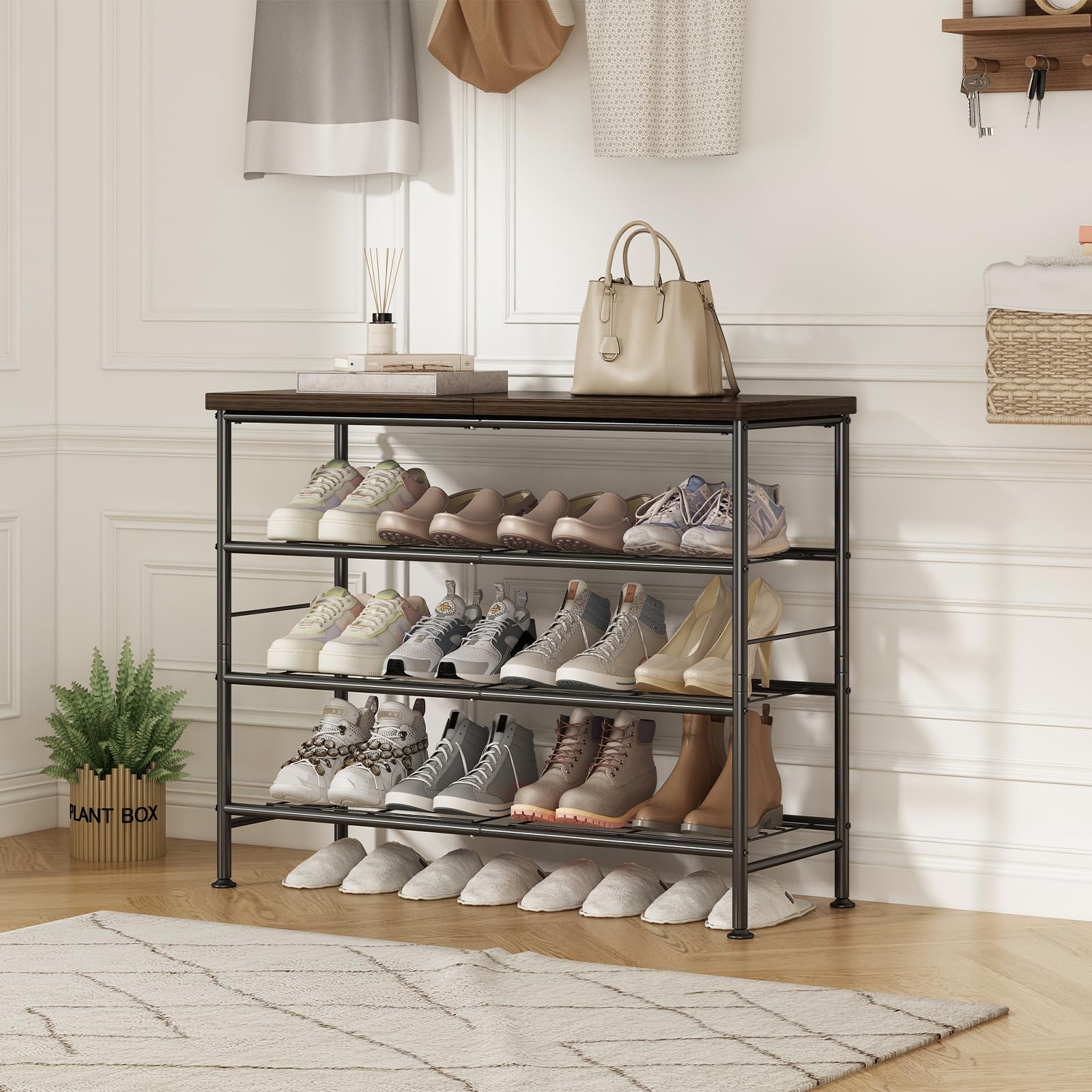 SUOERNUO wood-look top shelf enhances style while holding small items.