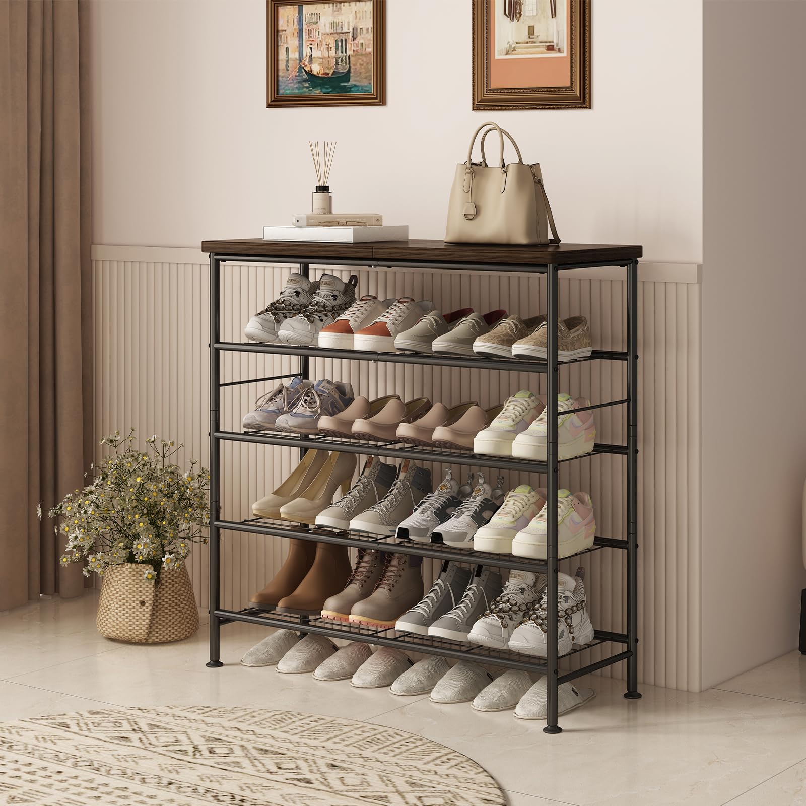 SUOERNUO 5-tier shoe rack in closet shows versatile display for bags and decor.