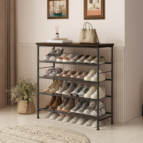 SUOERNUO 5-tier shoe rack in closet shows versatile display for bags and decor.
