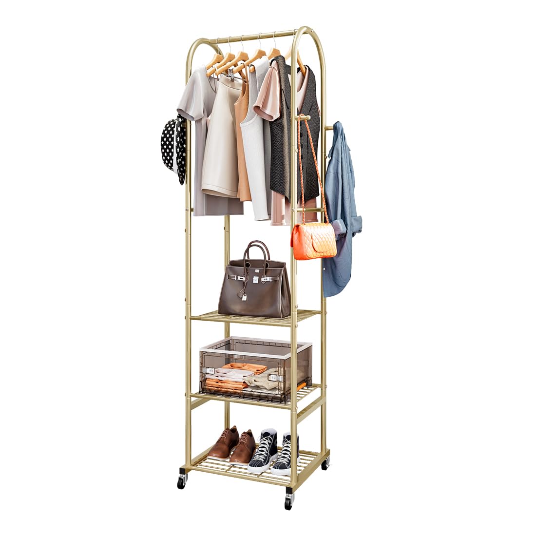SUOERNUO clothes rack with wheels and brakes for easy repositioning.