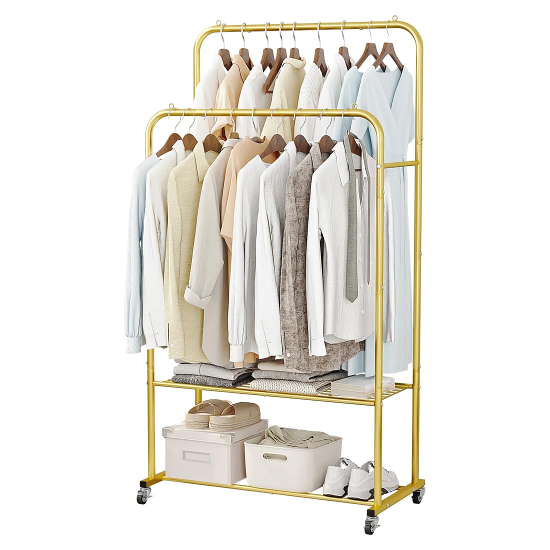 SUOERNUO clothes rack with wheels in golden finish for smooth mobility in bedrooms