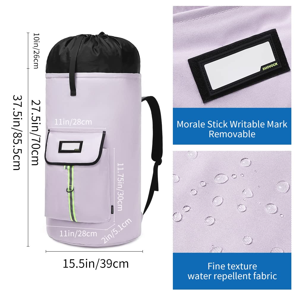 SUOVOCK laundry bag backpack front pocket keeps detergents and small items organized.