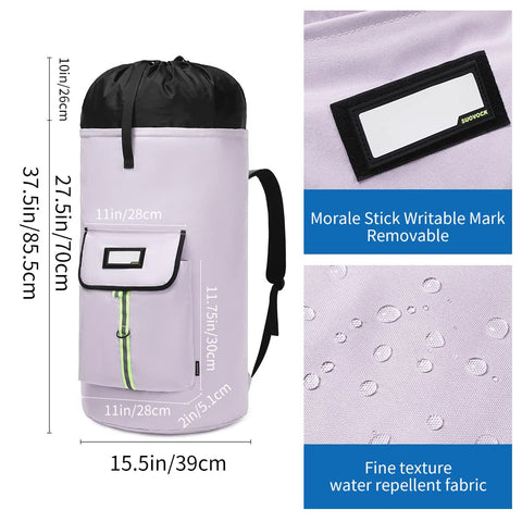 SUOVOCK laundry bag backpack front pocket keeps detergents and small items organized.