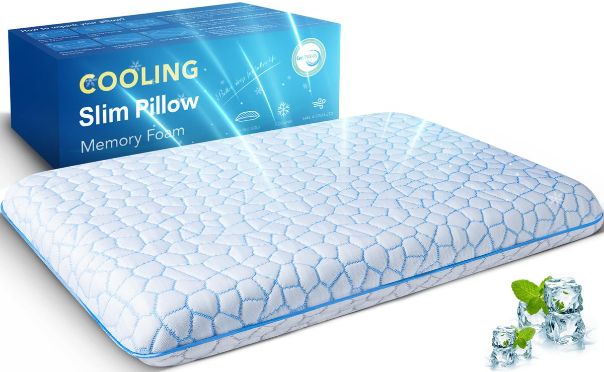 SUPA MODERN Ultra Thin Flat Pillow top view shows slim profile for stomach sleepers.