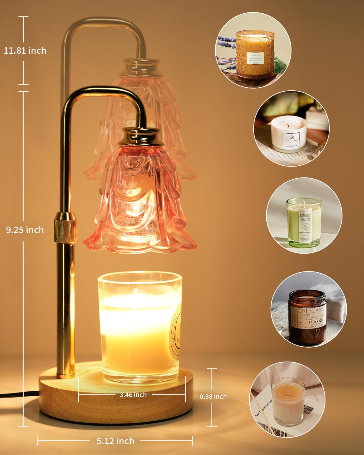 SupBri pink flower candle warmer glass bloom highlights dimmable warmth