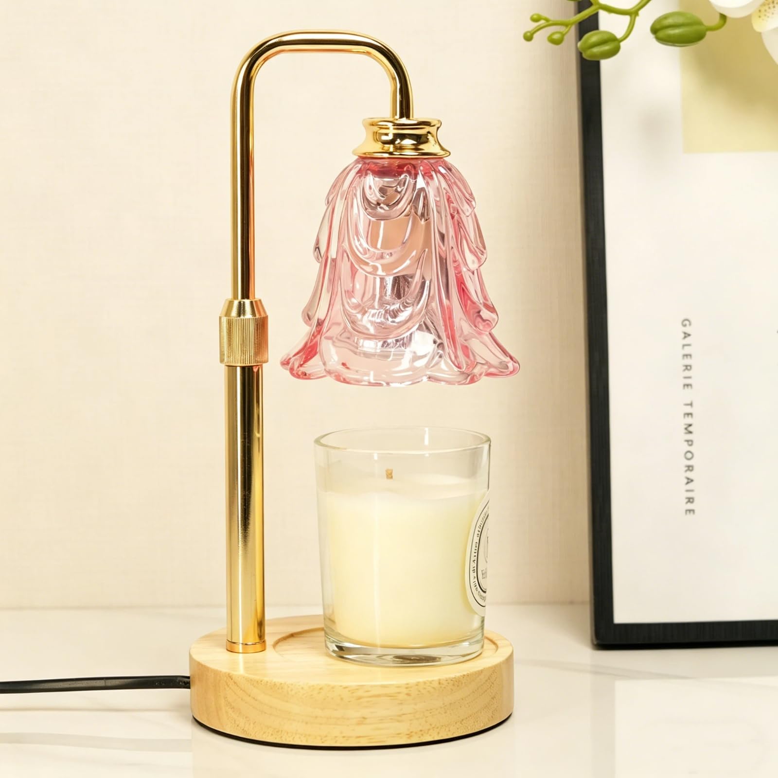 SupBri pink candle warmer lamp with timer on a nightstand for safe fragrance