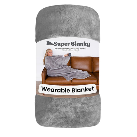 Super Blanky Aspen gray wearable blanket enhances relaxation and downtime.