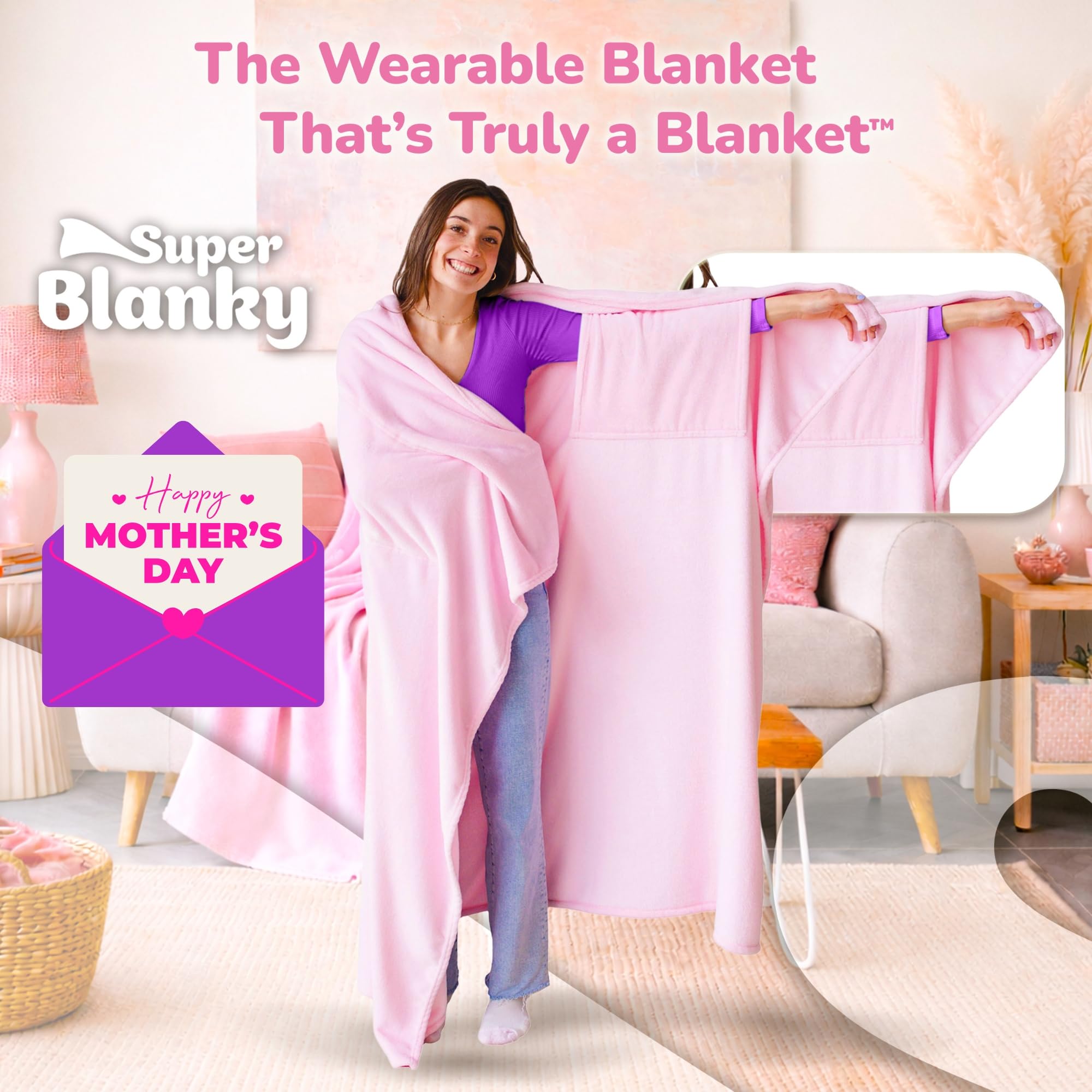Super Blanky baby pink oversized 70x60 blanket for couch lounging.