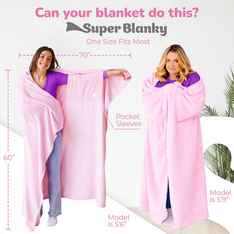 Super Blanky wearable blanket worn by model for versatile comfort.