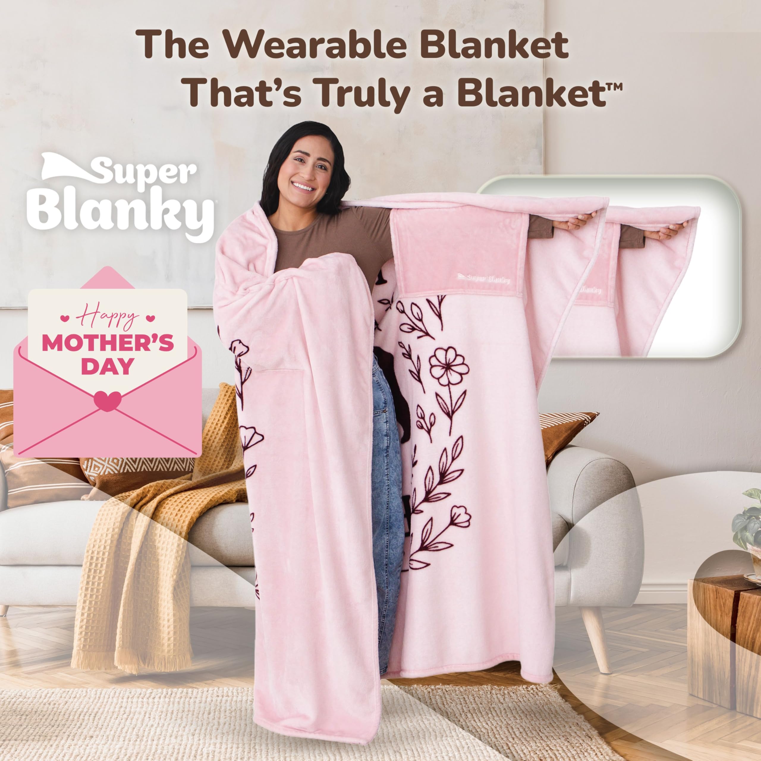 Oversized Super Blanky Mama Bear wearable blanket measures 70 by 60 inches for couch lounging.