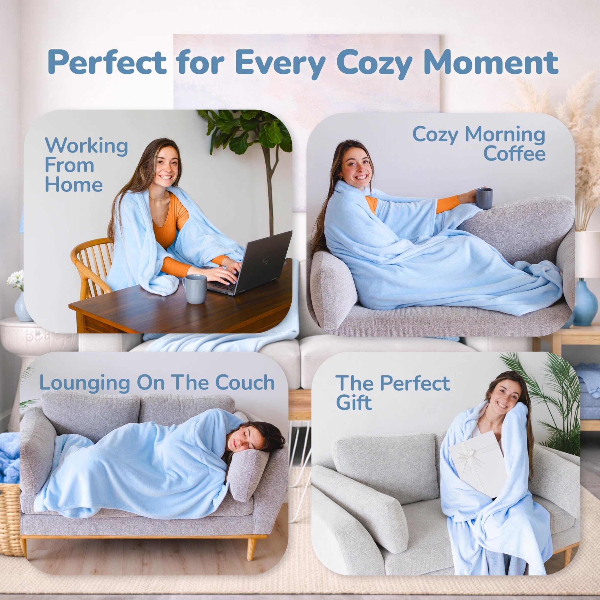 Super Blanky oversized 70x60 dimensions enable generous couch lounging.